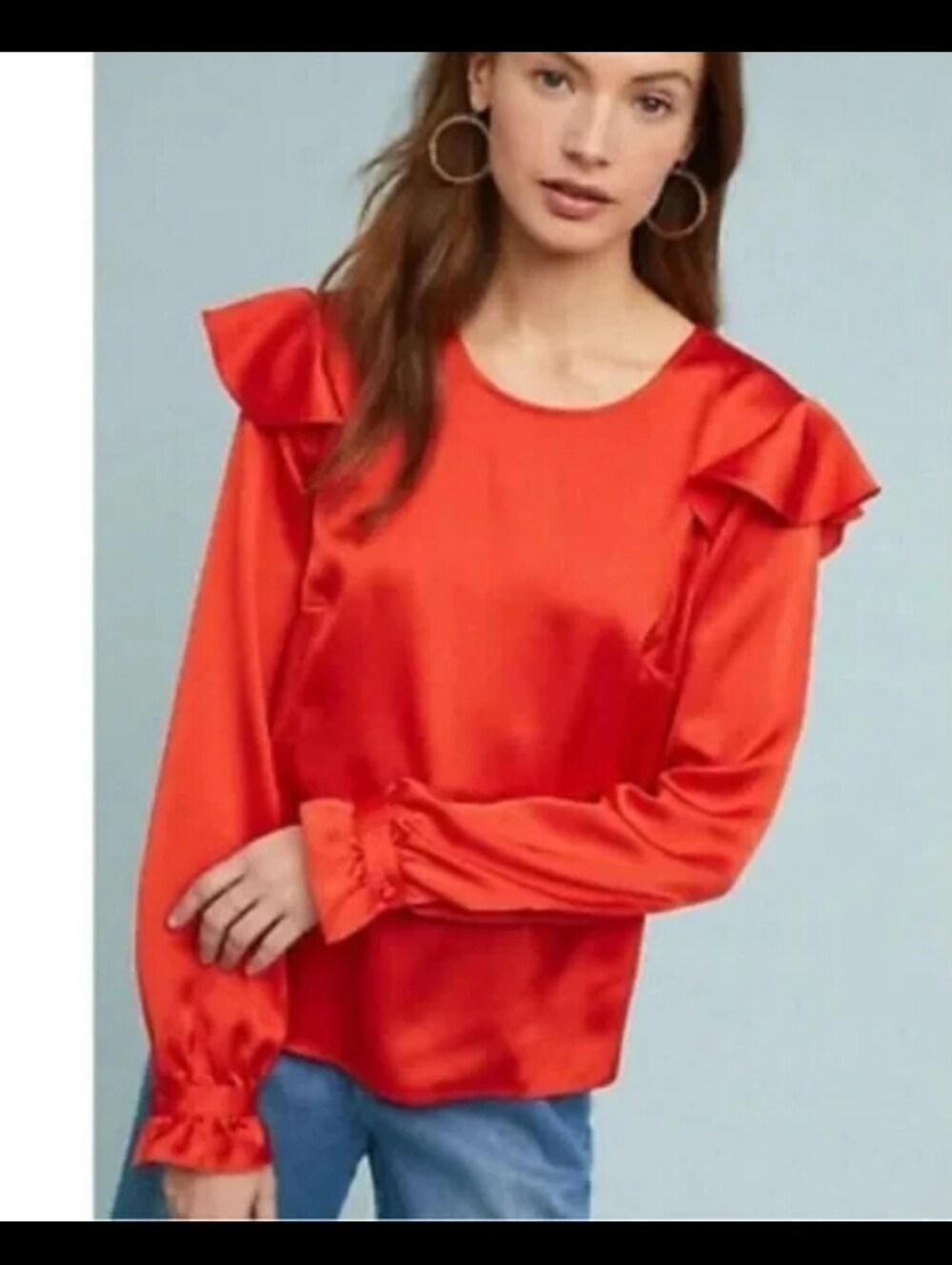 Anthropologie Cassidy satin blouse red Size XS Long Sleeve Ruffle Romantic Chic